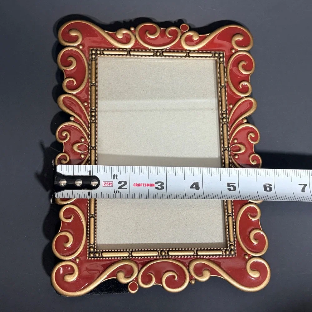 Vtg Style Rose Red/ Gold Enamel Ornate Scroll 4x6 Tabletop Picture Frame Baroque